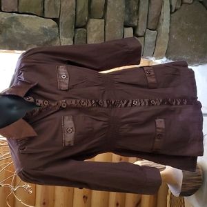 BROWN WOMENS TOP XL BUTTON DOWN/FRONT POCKETS WITH RIBBON TRIM ELASTIC WAIST